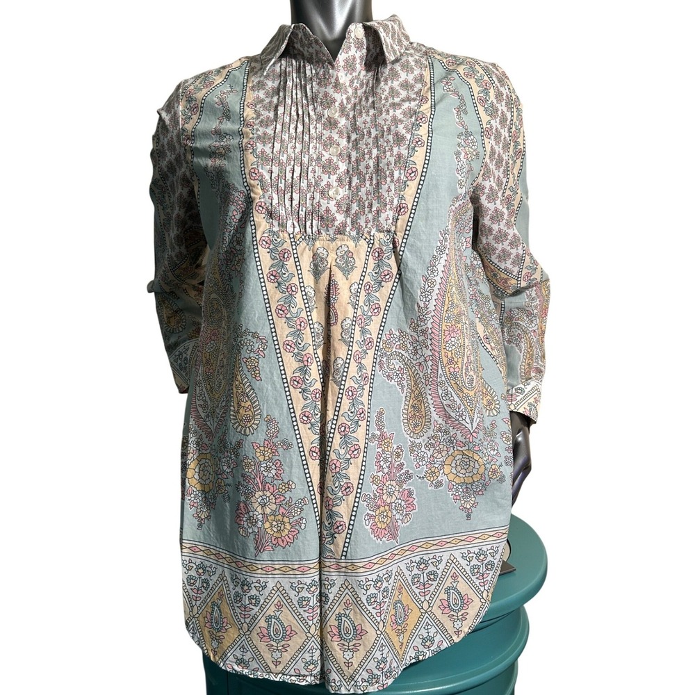 Soft Surroundings Womens Paisley Pintuck Tunic Shirt Blue Pink Petite Medium